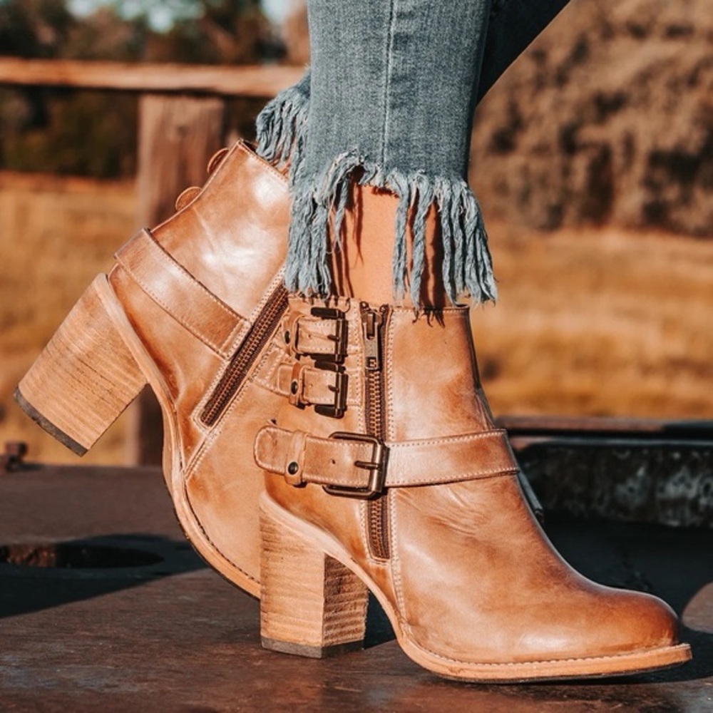 Freebird Bolo in Taupe - Tan Ankle Boots with Buckle Straps